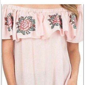 Umgee Blush Pink Off the Shoulder Top, Embroidered Roses, Floral & Ruffles